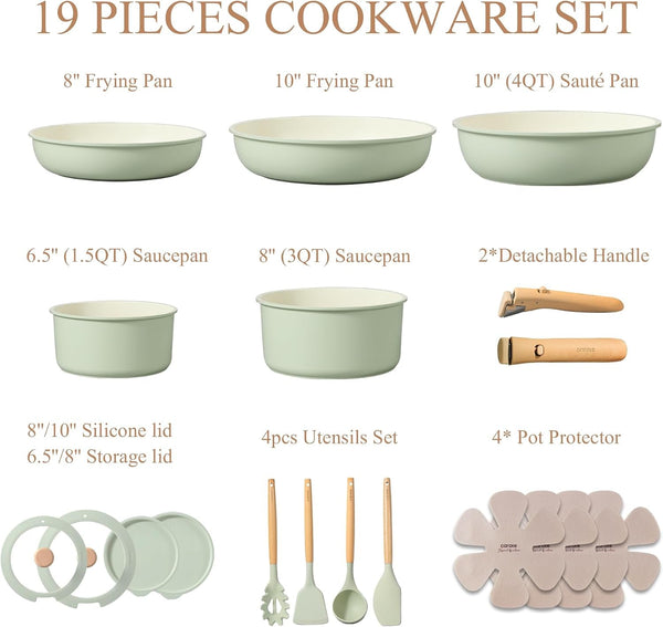19Pcs Pots and Pans Set Non Stick, Detachable Handle Cookware | Kitchen Cooking Sets, Space Saving, Dishwasher & Oven Safe, Non-Toxic, for Camping/Rv/Traveling, Sage Green2