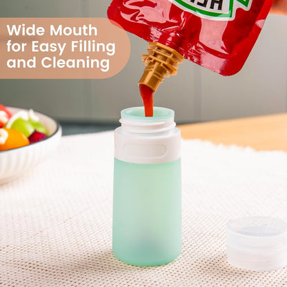 2 Oz Condiment Squeeze Bottles, Leakproof Salad Dressing Container | 4 Pack Silicone Salad Dressing Container to Go with Snack Storage Bag, Sauce Bottles for Lunch Box, Ketchup, Syrup, Candies2