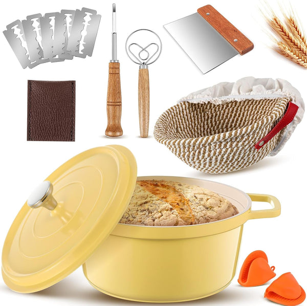 7 Pack Sourdough Bread Baking Supplies Kit Includes Dutch Oven for Bread Baking 5Qt Pan Pot, Bread Proofing Basket, Scoring Lame, Dough Whisk1