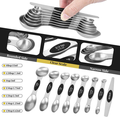 16 Pieces Measuring Cups and Magnetic Measuring Spoons Set Stainless Steel,8 Measure Cups with Silicone Handle and 7 Double Sided Magnetic Measure Spoons & 1 Leveler3