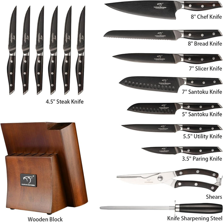 16-Piece Damascus Knife Set with Block, Ebony Wood Handle | 10Cr15Comov VG10 67-Layer Core, 60±2 HRC Sharp Edge, Ebony Wood Handle, Kitchen Shears, Sharpening Rod, 15-Slot Organizer+2