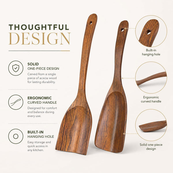 2PCS Wooden Spatula Set for Cooking, Acacia Wood Kitchen Utensils, Flat & Curved Spatulas for Nonstick Cookware, Heat Resistant, Non-Toxic, for Frying, Mixing, Flipping, Serving4