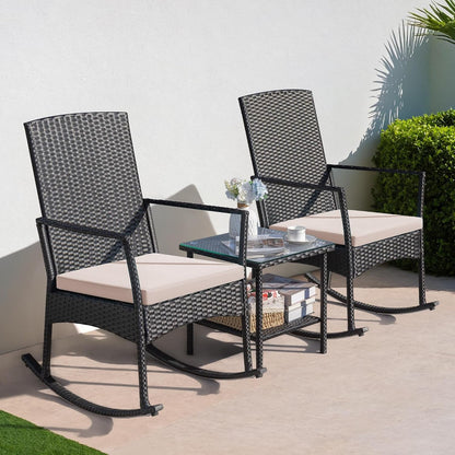3 Pieces Patio Furniture Set Outdoor Wicker Rocking Chairs,Beige3