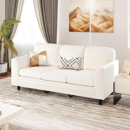 3 Seater Couch - 79” Mid Century Modern Upholstered Sofa with Armrests, Sturdy Legs, Teddy Fleece Comfy Couches for Living Room, Bedroom, Small Space, Apartment and Office (White)1