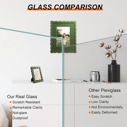 4X6 Picture Frame with Mat for 3.5X5, Wavy Edge Wooden Real Glass Photo Frame for Tabletop and Wall Hanging, Green, 1 Pack2
