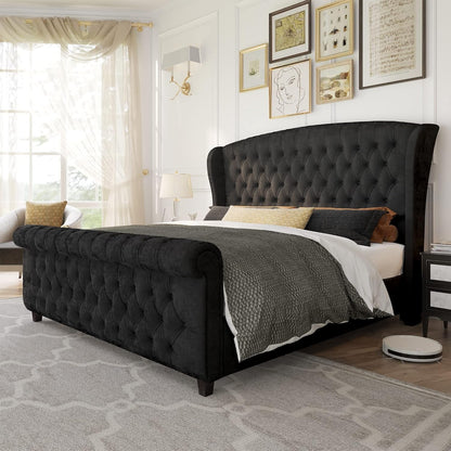 Queen Size Upholstered Sleigh Bed Frame with Wingback Headboard1