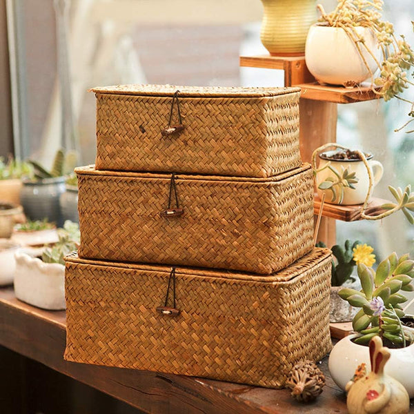 Small Shelf Baskets with Lid Set of 3, Compact Handwoven Seagrass Storage Bins Rectangular Wicker Basket for Shelf Organizer, Closet, Desktop5