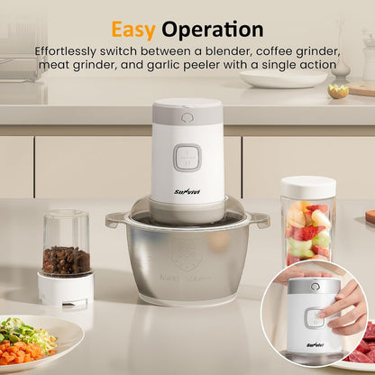4-IN-1 Food Processor: 350W Electric Meat Grinder, 2 Bi-Layer 4 Blades, 1.8L Stainless Steel Bowl, Juicer, Coffee Grinder, Garlic Peeler, Vegetable Chopper, 2-Speed, 150&350Ml Cups, White4