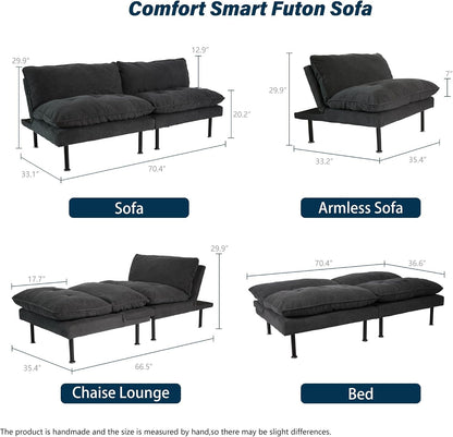 70" Futon Sofa Bed, 4 in 1 Multi-Function Couch Sleeper with Adjustable Backrest, Modern Convertible Futon, Recliner Small Loveseat for Living Room, Office, Grey3
