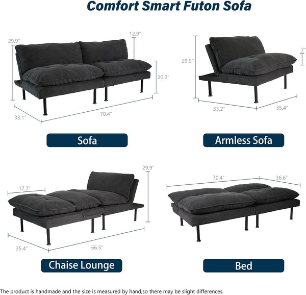 70" Futon Sofa Bed, 4 in 1 Multi-Function Couch Sleeper with Adjustable Backrest, Modern Convertible Futon, Recliner Small Loveseat for Living Room, Office, Grey3