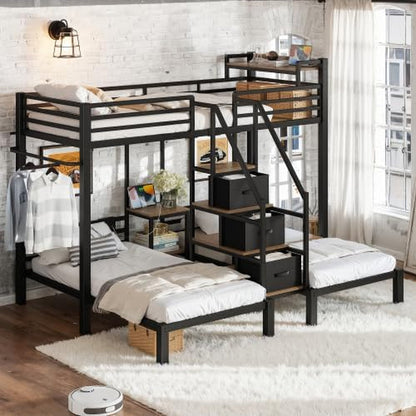 Twin Triple Bunk Bed for 3 with Storage Stair and Drawers, Black1