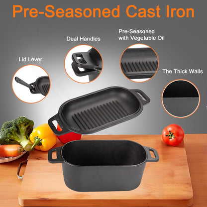 2-In-1 Pre-Seasoned Cast Iron Dutch Oven Pot with Lid as Skillet, Grill Pan, with Lid Lever, Dual Loop Handles, Oval Heavy Dutch Oven for Bread Baking, Frying, Camping, BBQ, 3.8 QT Black5