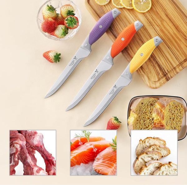 3PCS Boning Knife, German Stainless Steel Fillet Knives, 6 Inch Curved Boning Deboning Filet Fillet Knife for Meat, Fish, Poultry, Cutting, Trimming, Ergonomic Rubber Handle, Dishwasher Safe4