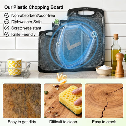 Plastic Cutting Boards Set of 3,BPA Free,Dishwasher Safe | Thick Chopping Boards for Kitchen with Deep Juice Grooves, Non‑Slip Feet, Easy Grip Handle, Grinding Area, Black5
