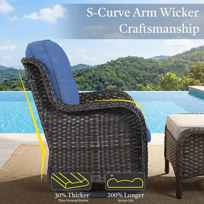 6 Piece High Back Patio Furniture Set - All Weather Patio Conversation Set with 4 Inch Thick Cushions and Deep Seating Swivel Glider Chairs & Outdoor Couch for Porch Deck Yard Pool Brown Blue4