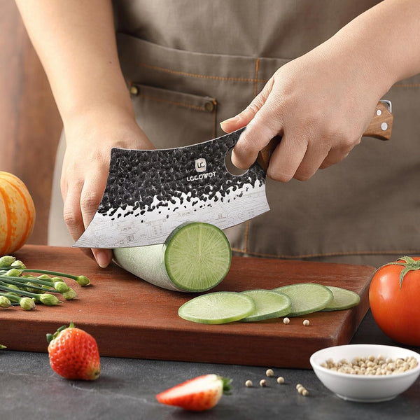 3PCS Butcher Knife Set, Includes 7" Butcher Meat Cleaver, 7" Serbian Chef and 6.5" Viking Knife, Stainless Steel Kitchen Knife Set with Wood Handle, Geat for Indoor&Outdoor (Stylish Pattern)4