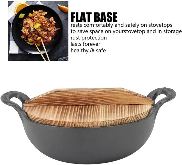 9.84 Inch Cast Iron Wok with Wooden Lid – Large-Capacity Heavy Duty Flat Base Stir Fry Pan with Dual Handles for Gas, Induction, Electric Ceramic Stoves, Even Heat(25Cm)2