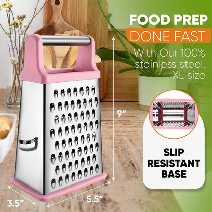 Stainless Steel Swivel Peeler & 4 Sided Handheld Box Grater, XL Size - 2 Product Bundle - Pink Lemonade7