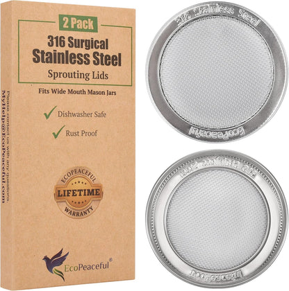 2 Pack ONE-PIECE 316 Surgical Stainless Steel Sprouting Lids for Wide Mouth Mason Jar (Ball Kerr) - One-Piece- Strainer Mesh Lids - Rust-Proof1