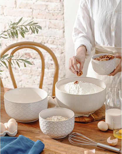 Mikiegy Ceramic Mixing Bowls Set of 4, Nesting Ceramic Embossment Stoneware Mixing Bowls for Cooking, Serving, Popcorn, Salad Etc, Microwave & Dishwasher Safe, 20/44/98/145 Oz, Off-White3