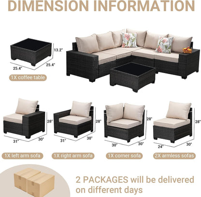 6-Piece Patio Furniture Set, All-Weather Outdoor Wicker Sectional Sofa with Cushions, Glass Table & Left and Right Armrest, Rattan Conversation Seating for Porch, Garden, Backyard,Beige7