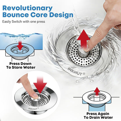 Upgraded 3 in 1 Kitchen Sink Drain Strainer | Stainless Steel Sink Stopper, Anti-Clogging Food Catcher Basket, Bounce Core Drain Strainer Plug for 3 1/2 Inch Drain4