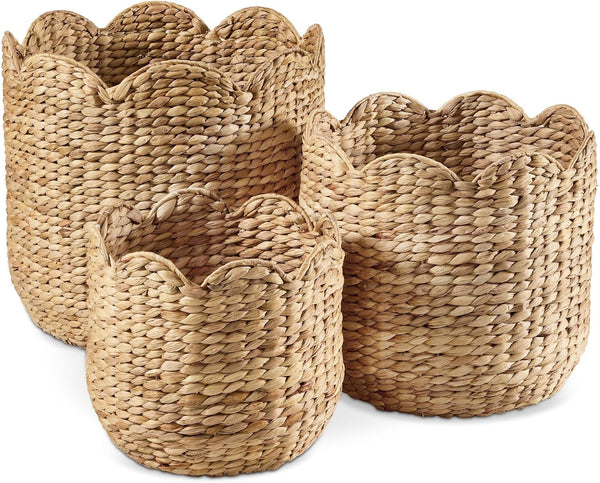 3Pc Water Hyacinth Scalloped Multipurpose Nesting Baskets, Storage Bin Organization Totes for Living Room, Bedroom, Nursery, Laundry Room - Natural1