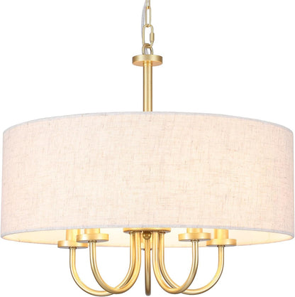5 Lights Drum Chandelier Gold Farmhouse Chandelier with Shades 19" Large Pendant Light Fixtures Hanging Brass round Chandeliers for Bedroom Dining Room over Table Living Room Foyer Kitchen Island8