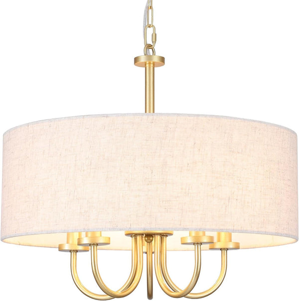 5 Lights Drum Chandelier Gold Farmhouse Chandelier with Shades 19" Large Pendant Light Fixtures Hanging Brass round Chandeliers for Bedroom Dining Room over Table Living Room Foyer Kitchen Island8