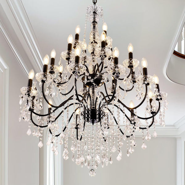 Black Chandelier Light Fixture, Luxury Maria Theresa Crystal Chandeliers for High Ceiling Foyer, 24 Lights Hanging Pendant Light for Living Room Entryway Hall Staircase Large 35.66" (Black)1