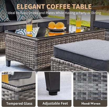 7 Pieces Patio Furniture Sets,Wicker Outdoor Conversation Sets with 2 Wood Armrests Swivel Rocker Chairs, 2 Ottoman, 3-Seat Sofa and Coffee Table(Grey)5