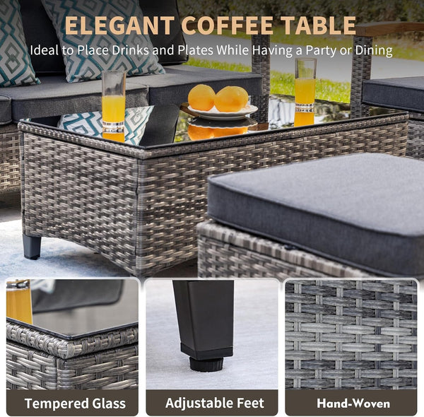 7 Pieces Patio Furniture Sets,Wicker Outdoor Conversation Sets with 2 Wood Armrests Swivel Rocker Chairs, 2 Ottoman, 3-Seat Sofa and Coffee Table(Grey)5