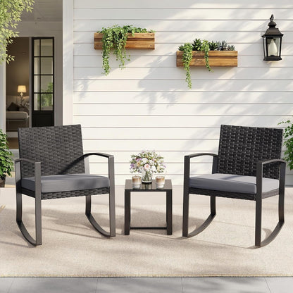 3 Pieces Patio Furniture Set Rocking Bistro Set Outdoor Rattan Conversation with Coffee Table for Garden Balcony Backyard Poolside (Grey Cushion)6