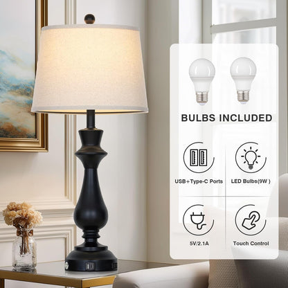 Modern Black Table Lamps Set of 2 for Living Room,30" Tall Bedside Lamp with USB Charging Port,3-Way Dimmable Touch Nightstand Lamp for Bedroom Desk Side Table Office,Black3