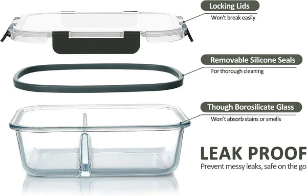 5 Pack,36 Oz, 2 Compartments Glass Meal Prep Containers with Lids3