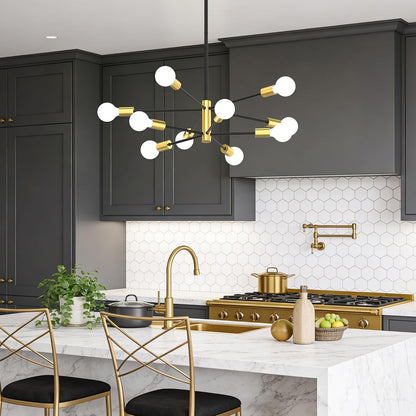 Sputnik Chandelier 10-Light, Mid Century Modern Height Adjustable Ceiling Light Fixture for Dining Room, Kitchen Island, Living Room,Bedroom-Black and Gold2