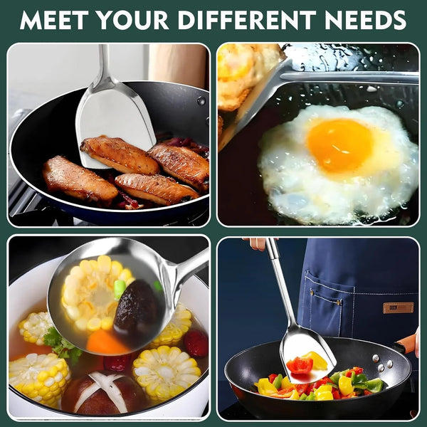 Cooking Utensils Set 2PCS 304 Stainless Steel Spatula and Large Cooking Spoon, Heavy Duty Metal Soup Ladle Long Handle Wok Spatula5