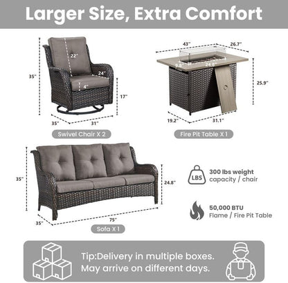4 Pieces Brown Wicker Patio Furniture Set with Fire Pit, Swivel Chairs Grey7