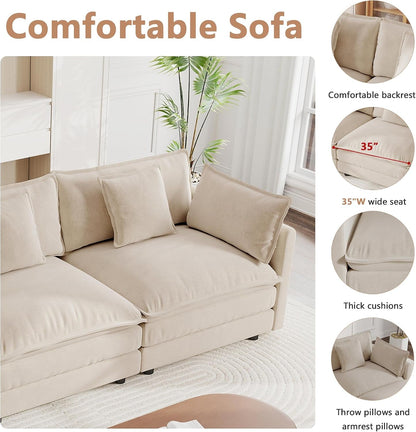 Modular Sectional Sofa, 111.5 Inch L Shaped Couch Set for Living Room, 3-Seater Comfy Cloud Couches with Movable Ottoman, DIY Combination, Chenille, Light Coffee3