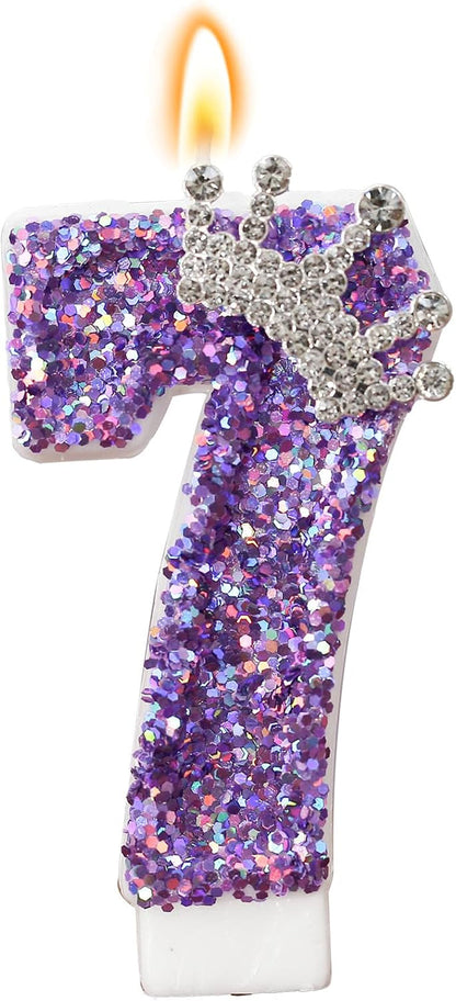 Birthday Number Candles,Purple Crown Birthday Candles for Cake,Glitter Number 7 Candle Cake Topper with Sequins for Anniversary Celebrations Supplies (Number 7)1