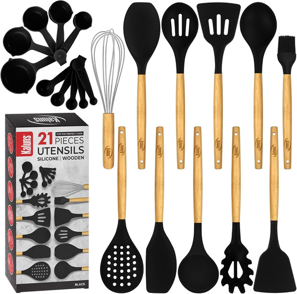 Silicone Kitchen Utensils Set, Premium Non Stick Cooking Utensils Set - 21 Pcs Wooden Handle Silicone Spatula Set 446°F Heat Resistant - Kitchen Gadgets Home Essentials1
