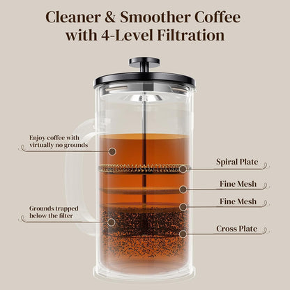 French Press Coffee Maker, No Plastic Touching Cafe,34Oz 1 L Cafetera | Thickened Glass Stainless Steel Brewer, Cold Brew Pot for Kitchen,Travel,Camping,Tea,Gifts,Bar Accessories, Decor,Dark Pewter7