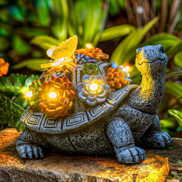 Solar Garden Outdoor Statues with Succulent and 7 LED Lights - Lawn Decor Tortoise Statue for Patio, Balcony, Yard Ornament - Unique Housewarming Gifts (Gray Turtle)1