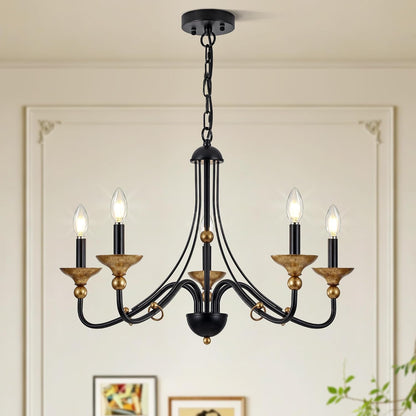 5‑Light Modern Farmhouse Candle Pendant, Matte Black with Antique‑Gold Accents, Chandelier Hanging Light Fixture for Kitchen Island, Entryway, Stairwell, E12 Base1