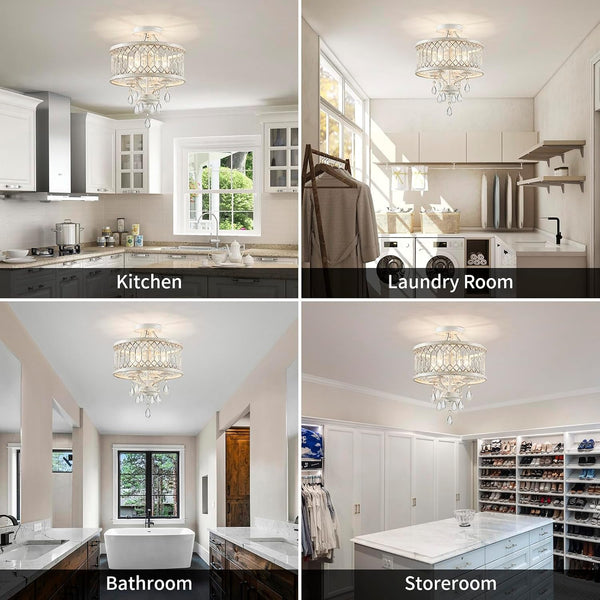 Crystal Ceiling Light Fixture, Modern Semi Flush Mount Ceiling Light, Farmhouse Crystal Chandeliers for Dining Room Light Fixture, Hallway Lighting Fixtures for Kitchen Bedroom Bathroom Foyer Entryway9