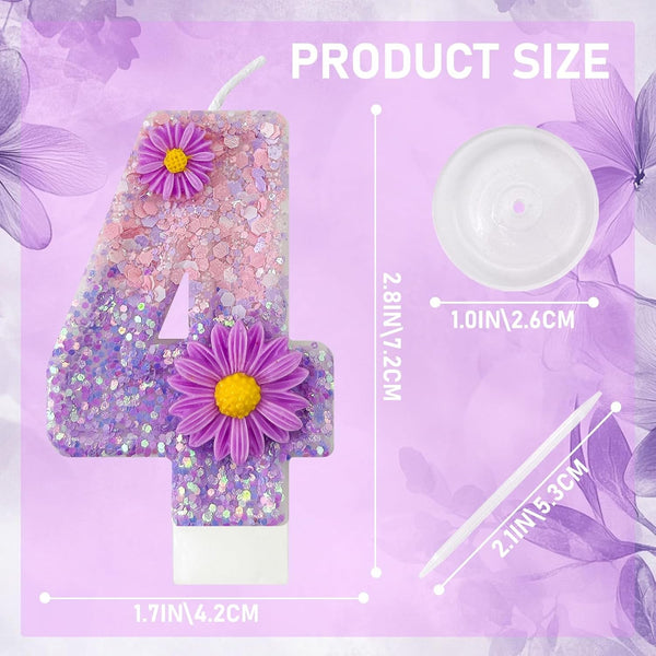 Purple Flower Birthday Candles,Number 4 Birthday Candles for Cake,Suitable for Cartoon Birthday Parties Cake Decor, Wedding Anniversary and Other Celebrations Supplies (4 Candle)2