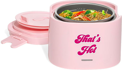 Electric Lunch Warmer, 20-Ounce Stainless Steel Portable Food Container with Sealing Lid, Removable 2.5-Cup Inner Dish, “That’S Hot” Front Decal, Pink1