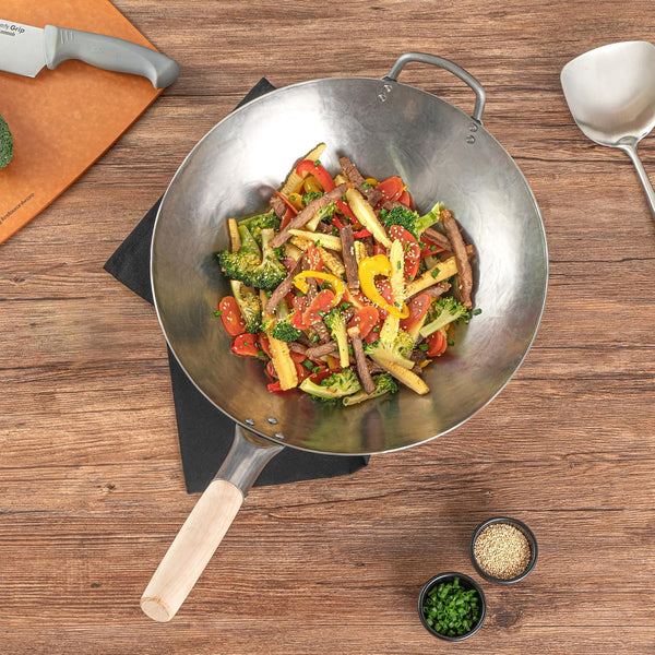 Carbon Steel Wok 1 Pack of 14 Inch Heavy-Duty Stir Fry Pan Silver Hand Hammered Wok Efficient Maneuvering Steel Helper Handle Uniform Heat Distribution Asian Cooking7