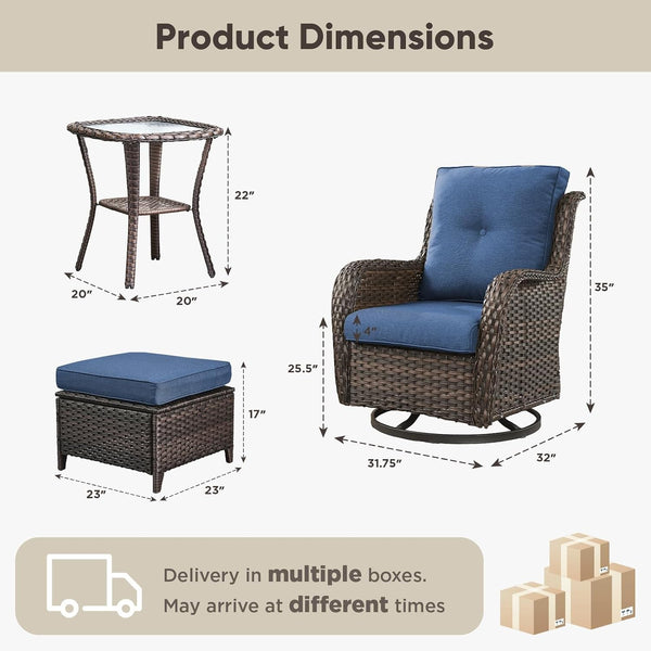 5 Piece Wicker Patio Furniture Set, Outdoor Swivel Rocker Chairs Set of 2 with Ottomans and Side Table, All Weather Patio Conversation Furniture Set, for Porch Pool, Brown Wicker/Blue1