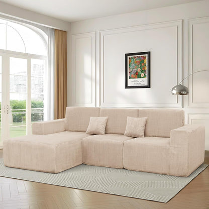 111" Boneless Couches for Living Room 3-Piece Cloud Couch Modular Sectional Deep Seat Compressed Couches for Living Room Bedroom Plush Corduroy Fabric No Assembly Required, Khaki1